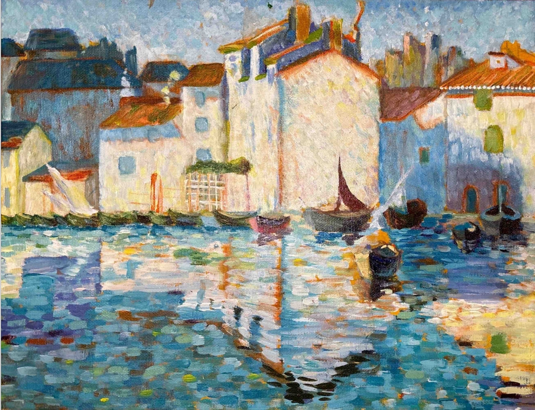 Impressionist oil painting of a harbor at dusk in warm ochre and clay tones