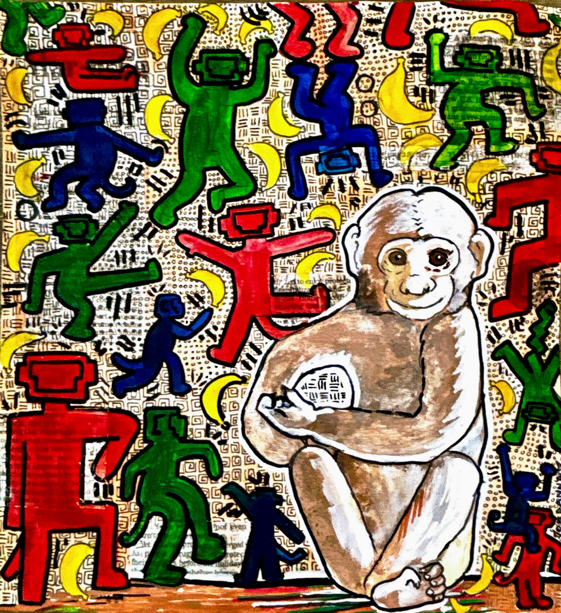 Acrylic painting in the style of Keith Haring with bold dancing figures around a monkey