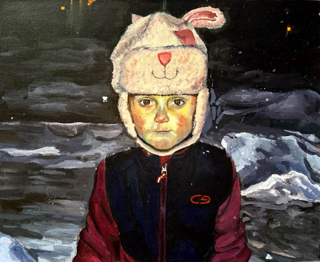 Moody oil portrait of a child in a bunny-eared hat against a dark ground