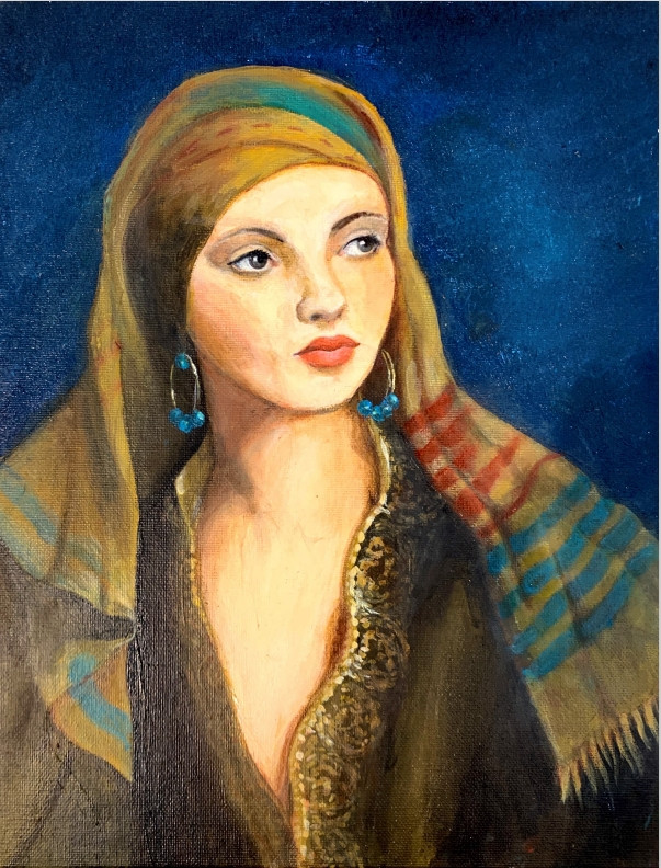 Oil portrait of a young woman in a patterned headscarf on a deep blue ground